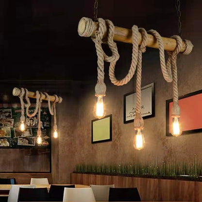 Rustic Bamboo Jute Rope Pendant Light / 6 Heads And Light Bulbs