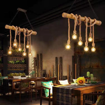 Rustic Bamboo Jute Rope Pendant Light / 6 Heads Without Light Source