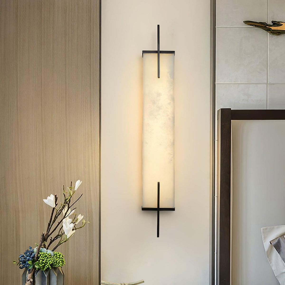 Alabaster Brass Integrated LED Wall Light / ∅ 4.7″ x H 23.6″ Set of 2 / White+Black / Warm Light